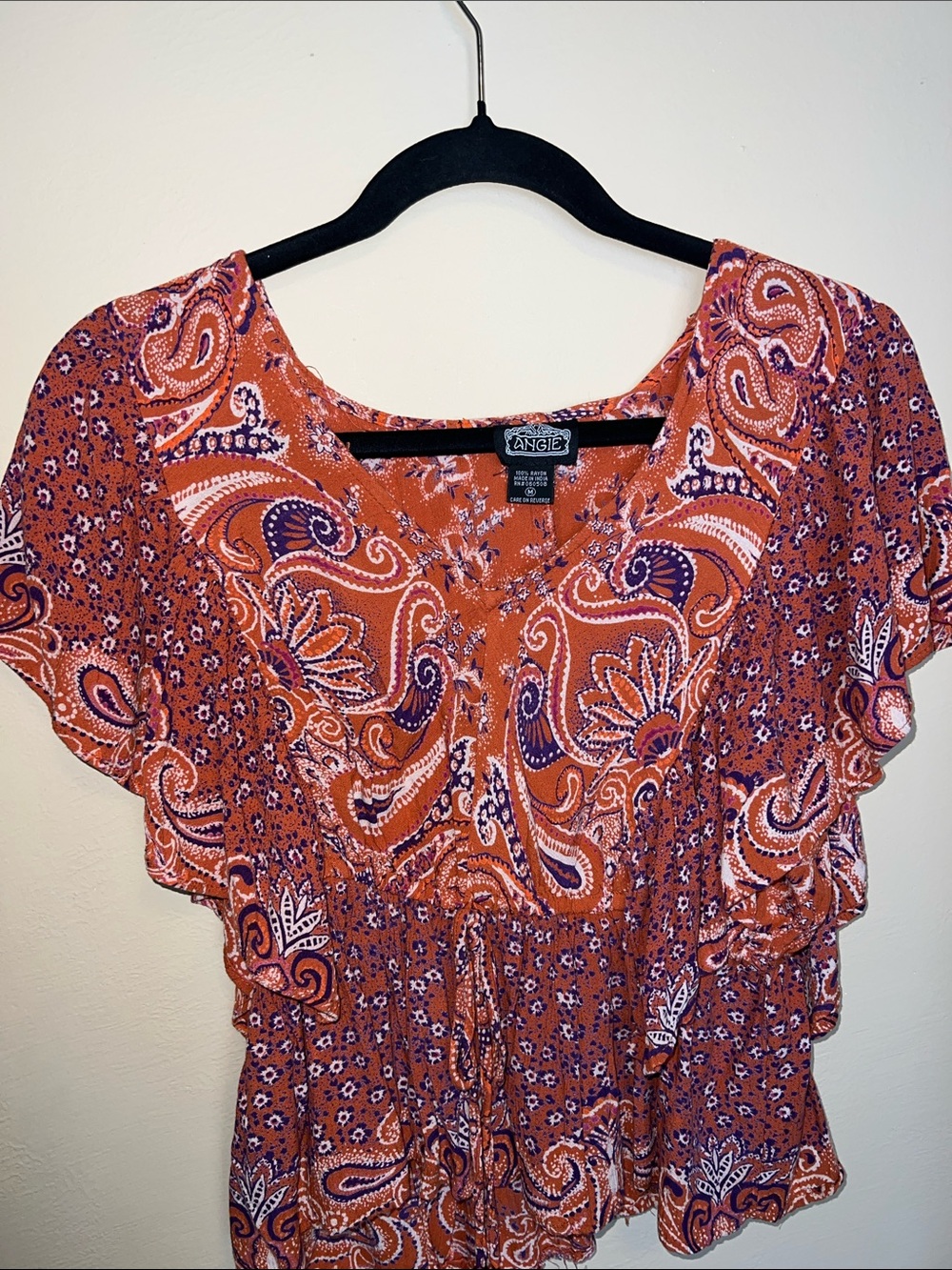 Angie Orange and Purple Paisley Flutter-Sleeve Blouse